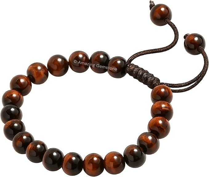 Amazing Gemstone Red Tiger Eye Bracelet, Gifts for Men & Women - Protection Healing Crystal Bracelet - 8mm Gemstone Beaded Adjustable Bracelet, Pulseras para Hombres Mujer Stocking Stuffers