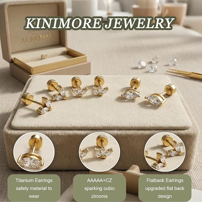 3 Pairs 20G Flat Back Earrings, G23 Titanium Hypoallergenic CZ Studs, 14K Gold Cartilage Helix Tragus Conch Piercing Jewelry for Women