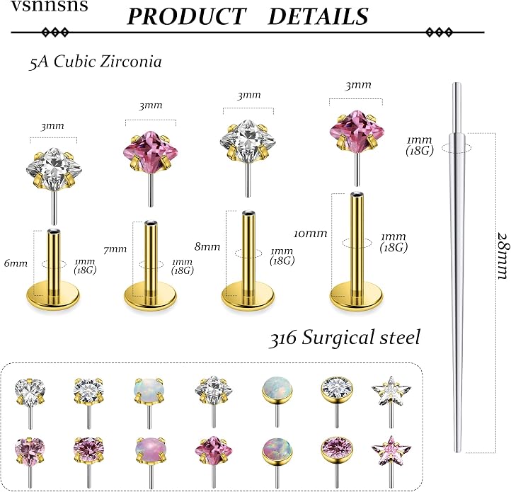 Vsnnsns 14K Gold Plated 16G 18G 20G Threadless Nose Rings Studs Flat Back Earrings Stainless Steel Tragus Helix Conch Earrings Stud Snake Bite Lip Rings Labret Medusa Piercing Jewelry for Women Men