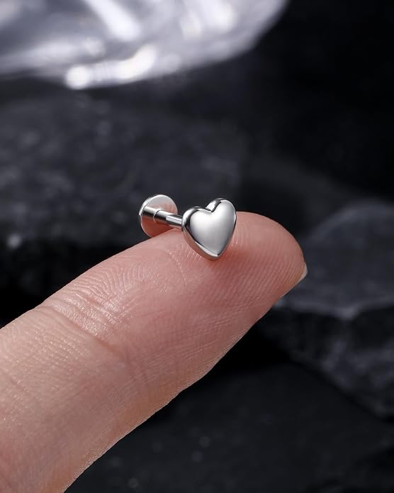 Jewseen 16G Internally Threaded Helix Piercing Jewelry Heart Flat Back Cartilage Stud 925 Sterling Silver Tragus Helix Earrings Heart Nose Lip Piercing Jewelry for Women Men
