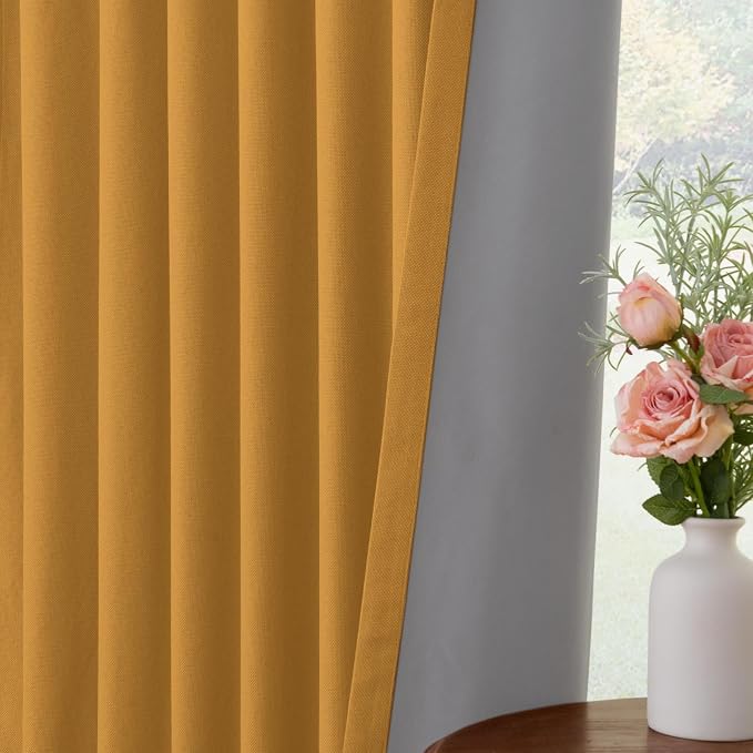 INOVADAY 100% Blackout Curtains for Bedroom, Mustard Yellow Black Out Curtains 102 Inch Long, Clip Rings Linen Blackout Drapes, Thermal Insulated Room Darkening for Living Room, 2 Panels - W50xL102