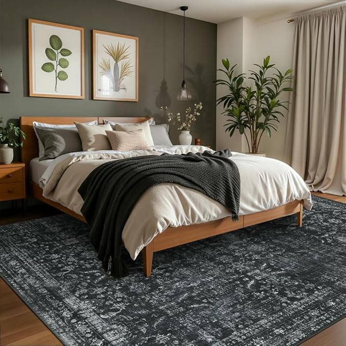 Rugxara Black Rug 5x7 Area Rugs Washable Rug for Living Room Bedroom | Non Slip, Rug for Dining Room Office Farmhouse Dorm, Stain Resistant, Soft, Vintage Boho Retro Carpet, Low Pile, Home Decor