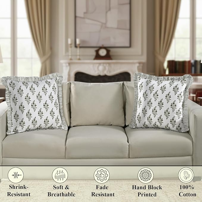 Ridhi Natural Spring Block Print Ruffle Throw Pillow Cover 20" x 20" (Pack of 2) Decorative Cushion Covers with Ruffle for Couch, Sofa, Bed, Living Room, Home Decor Gift for Spring, Mother's Day