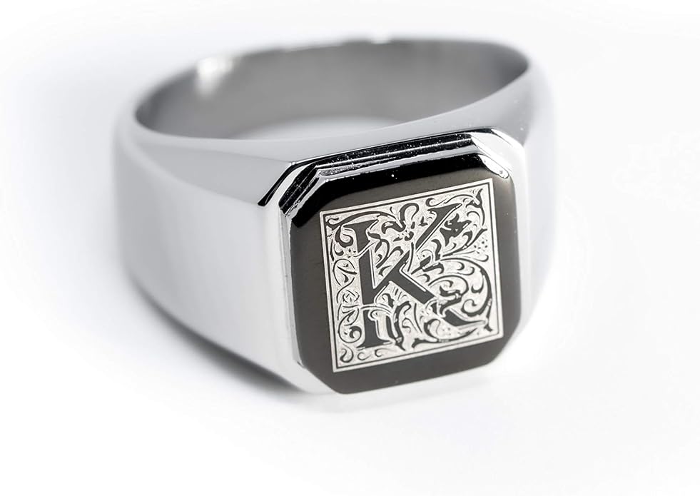 Jewelry | Stainless Steel Letter Alphabet Initial Ring | Square Flat Top Ring for Men & Women | Stainless Steel Jewelry, (Black, Gold, Silver), Size 7-16