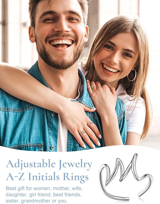 SILVERCUTE S925 Initial Rings, Adjustable Size 6-12 Statement Alphabet Letter A-Z Jewelry Personalized Twisted Initials Rings Sterling Silver Stacking Ring for Women