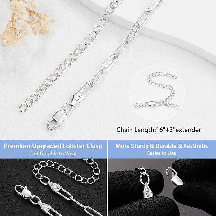 Jewlpire 925 Sterling Silver Plated Rope/Cuban/Paperclip/Herringbone Chain Necklaces for Women, 18K Gold Plated Chain Necklace,Hypoallergenic Women's Chain Necklaces 16+3 Inch