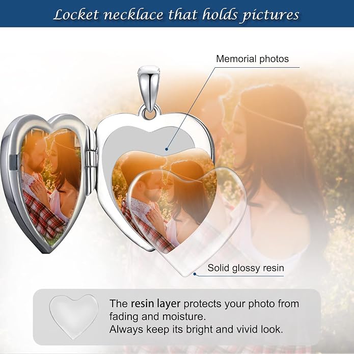 SOULMEET Personalized Silver Locket Necklace That Holds Pictures Photo Keep Someone Near to You, Memorial Custom Lockets Necklaces Letters Engraving for His Her