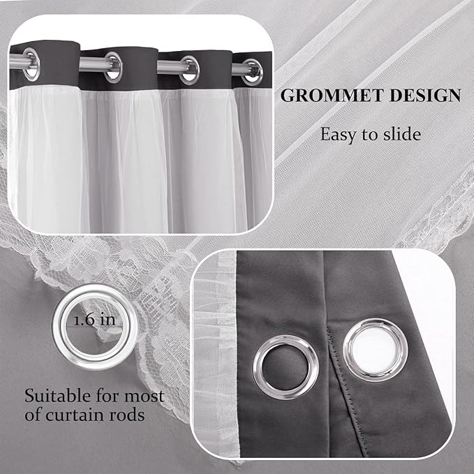Dark Grey Blackout Curtains 96 Inch Length with White Sheer Voile - Double Layered Mix and Match Nursery Grommet Curtains for Living Room,52 by 96 in, 2 Pieces