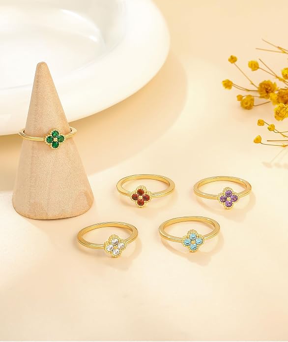 KAERUN Clover Birthstone Gold Rings for Women Non Tarnish 14K Gold Plated Stackable Thumb Ring Dainty Clover CZ Gemstone Emerald Engagement Rings Wedding Band Jewelry for Birthday Gifts Size 6-10