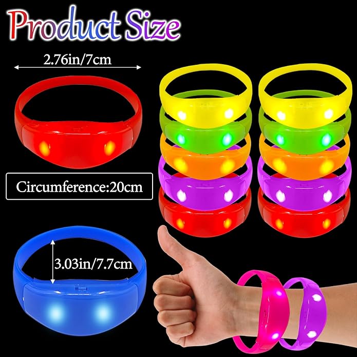 100 Pcs Sound Activated LED Glow Bracelets Light Up Bracelets for Adults Glow in the Dark Neon Birthday Party Favors