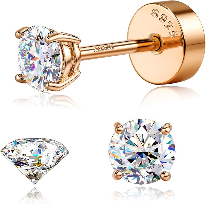 GEMQUEEN Moissanite Earrings Studs : 18K Gold Plated Solid 925 Sterling Silver Stud Earring for Women Men Hypoallergenic Dainty Moissanite Jewelry for Sensitive Ears Round Cut D Color VVS1 2-7.5mm
