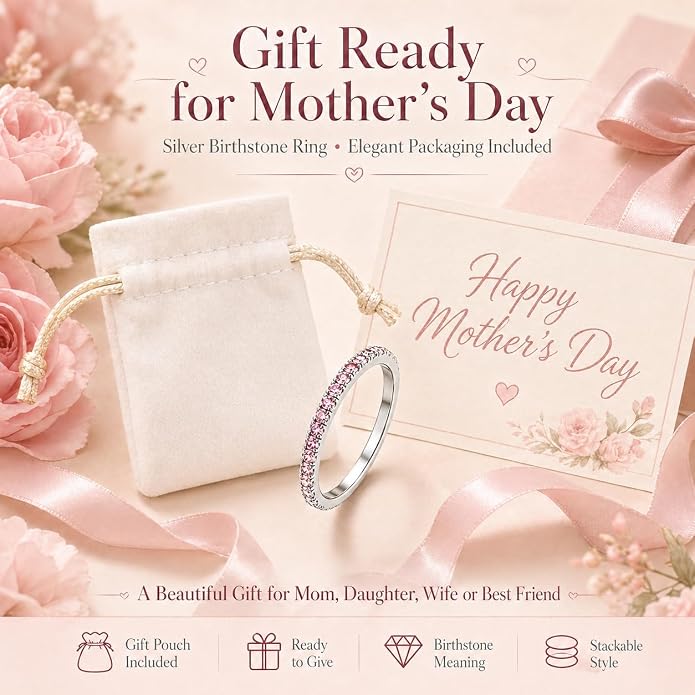 Birthstone Rings For Women, Silver Stackable Cubic Zirconia Stainless Steel Birth Stone Ring To My Daughter/Mom Birthday Unique Gifts Jewelry