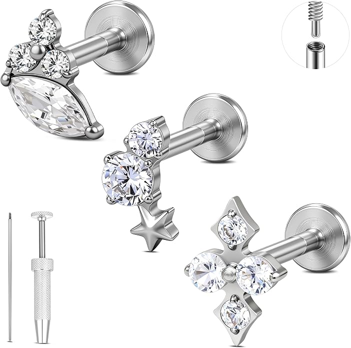 G23 Titanium 18K Gold Filled 16G Cartilage Earring 3PCS | Flat Back, 6mm 8mm, Conch Helix Tragus Lobe, Stud Labret Piercing Jewelry, For Women