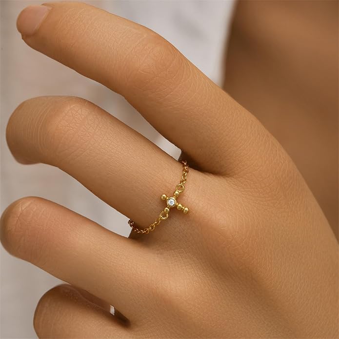 925 Sterling Silver Link Chain Fidget Rings with Dangle Bead Star for Women 14k Gold Plated Adjustable Sparkling Twist Rope Ring Stackable Line Finger Ring Jewelry Christmas Gifts for Mom