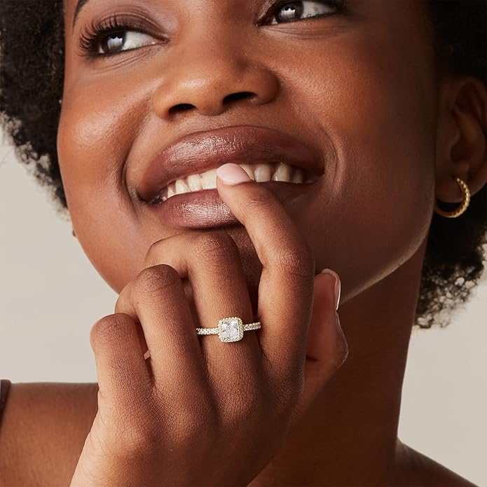PAVOI 14K Gold Plated Halo Ring | Heart Ring for Women | Square Round Valentines Day Love Promise Rings for Her