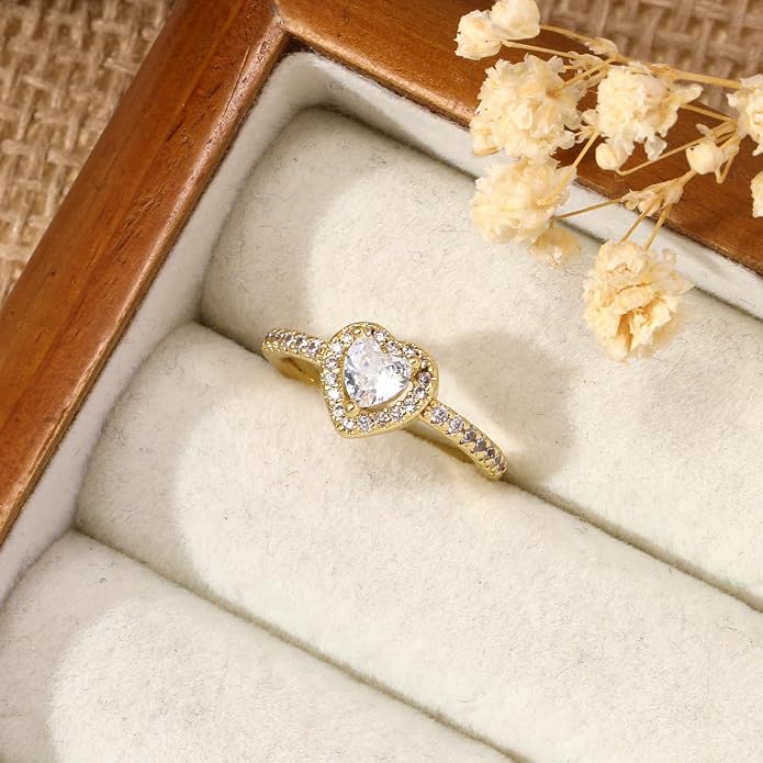 Gold Birthstone Rings for Women Non Tarnish 14k Gold Plated Dainty Heart Rings Adjustable Size Cubic Zirconia Ring Gold Simulated Gemstone Rings Birthday Gifts for Women