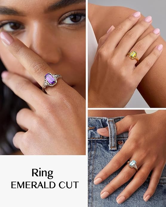 DAYBYDAY Celtic Birthstone Rings for Women, 925 Sterling Silver/18K Gold Plated Emerald Cut Celtic Knot Engagement Wedding Ring, Square Created Gemstone Promise Rings for Her Size 6-10
