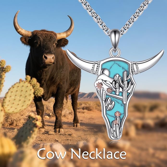 Turquoise Western Necklace Sterling Silver Moon Kokopelli/Cow Skull/Zia Sun/Mountains Pendant Necklace Turquoise Jewelry for Women Hikers Campers