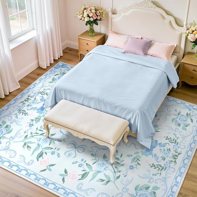Collive Blue 8X10 Rugs for Living Room, 8x10 Bow and Floral Washable Area Rug Non Slip, Soft Boho Indoor Decor Elegant Carpet for Bedroom Kids Room Nursery Dining Room