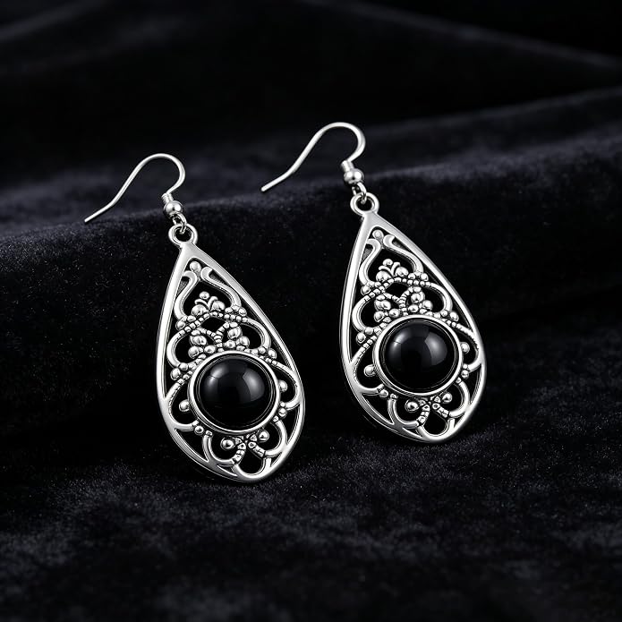 Gothic Vintage Dangle Earrings for Women 18K White Gold Plated Black Agate Teardrop Drop Earrings, Retro Jewelry for Wedding, Party, and Halloween Gifts