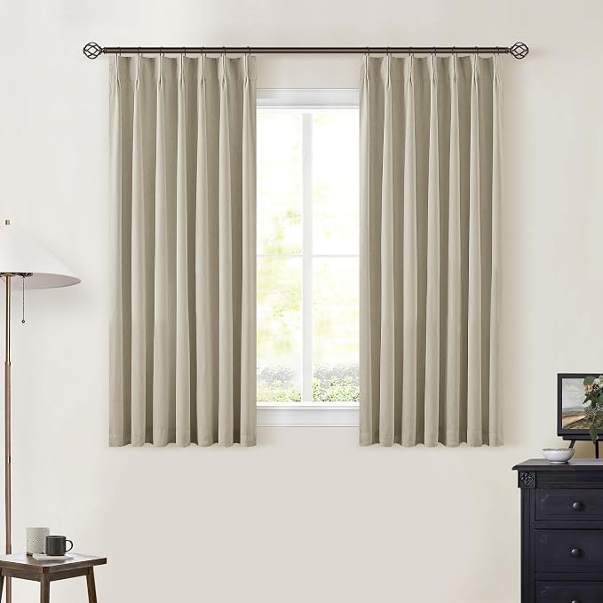 Burlywood Birch Pleated 100% Blackout Linen 45 Inch Curtains with Liner | Memory Trained Pinch Pleat, Thermal Insulated, Noise Reducing, Greyish Beige Black Out Curtains for Cafe Kitchen 2 Panels