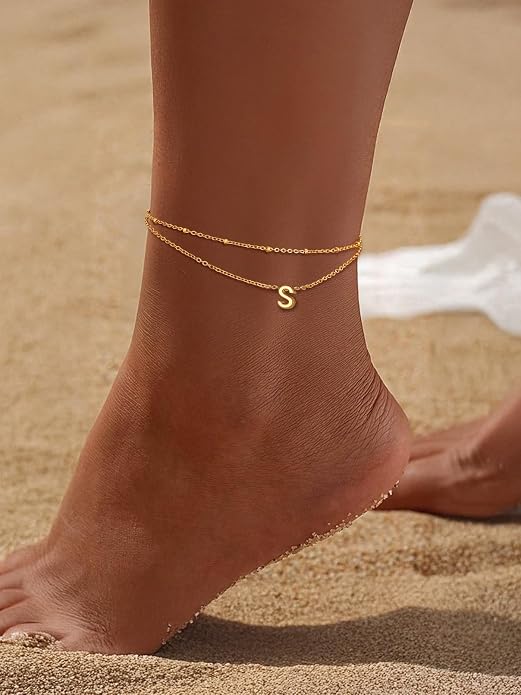 FaithHeart Initial Ankle Bracelets for Women, Waterproof 14k Gold Plated Initial Anklets Non Tarnish Stainless Steel Cute Layered Anklet Summer Beach Jewelry