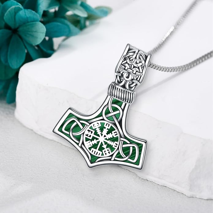 Compass Thor Hammer Necklace Sterling Silver Viking Compass Mjolnir Jewelry Gift for Men