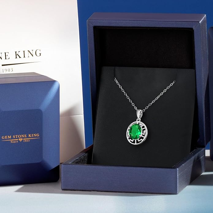 Gem Stone King 925 Sterling Silver 10X8MM Oval Gemstone Birthstone Necklace | Greek Key Pendant Necklace for Women | With 18 Inch Silver Chain