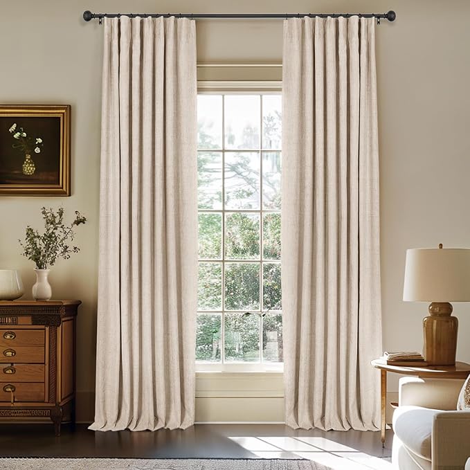 INOVADAY 100% Blackout Curtains for Bedroom, Oatmeal Black Out Curtains 120 Inch Long, Clip Rings Linen Blackout Drapes, Thermal Insulated Room Darkening for Living Room, 2 Panels - W50xL120