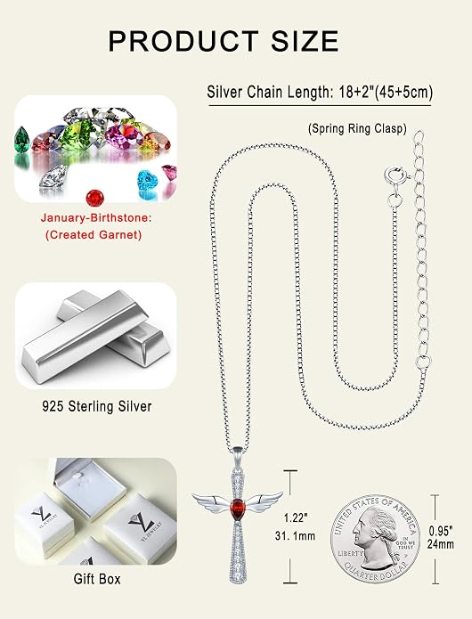 YL Cross Necklace 925 Sterling Silver Angel Wings Pendant Teardrop Birthstone Criss Jewelry for Women