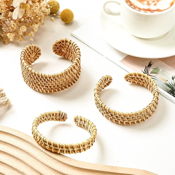 Landical 3 Pcs Handwoven Wooden Braided Rattan Knit Cuff Bracelet Adjustable Bohemian Chunky Wrap Bangle for Women Summer Ethnic Tribal Wrist Jewelry
