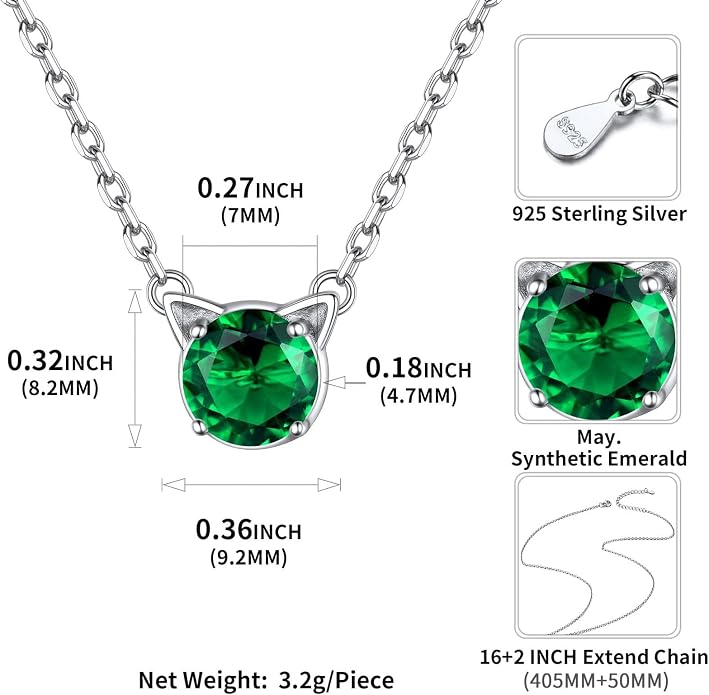 ChicSilver Bow and Cat Birthstone Necklace, 925 Sterling Silver Pendant Necklaces for Women, Hypoallergenic Silver Choker with 16 inch Rolo Chain, 12 Months Jewelry for Valentines Mothers Day Christmas