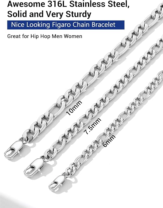 PROSTEEL Silver/Gold/Black Bracelets for Men Figaro Cuban Link, 6mm-13mm Width, 7.5"/8.3"/9" Length, Stainless Steel Mens Bracelet Jewelry with Gift Box