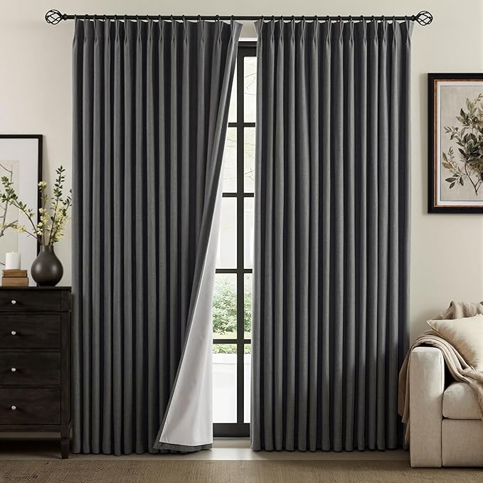 IVAPUPU Linen Pinch Pleated 100% Blackout Curtains for Bedroom - 2 Pages Black Out Grey Curtains 84 Inch Long 2 Panel for Living Room Darkening Thermal Window Curtain Drapes with 16pc Hooks