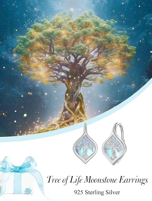 WINNICACA Leverback Earrings for Women 925 Sterling Silver Tree of Life Earrings Dangle Drop Turquoise Moonstone Moss Agate Heart Jewelry Gifts for Women Her Wife Anniversary Birthday Gifts