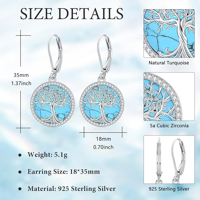 925 Sterling Silver Earrings Tree of Life/Cat/Animal/Turquoise/Moonstone Dangle Drop Earrings for Women Leverback Earring Hypoallergenic Jewelry Gifts