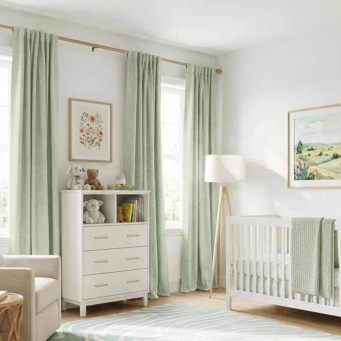 INOVADAY 100% Blackout Curtains 84 Inches Length 2 Panels Set, Back Tab/Rod Pocket Linen Black Out Curtains for Bedroom, Thermal Insulated Window Drapes - Sage Green, W50 X L84