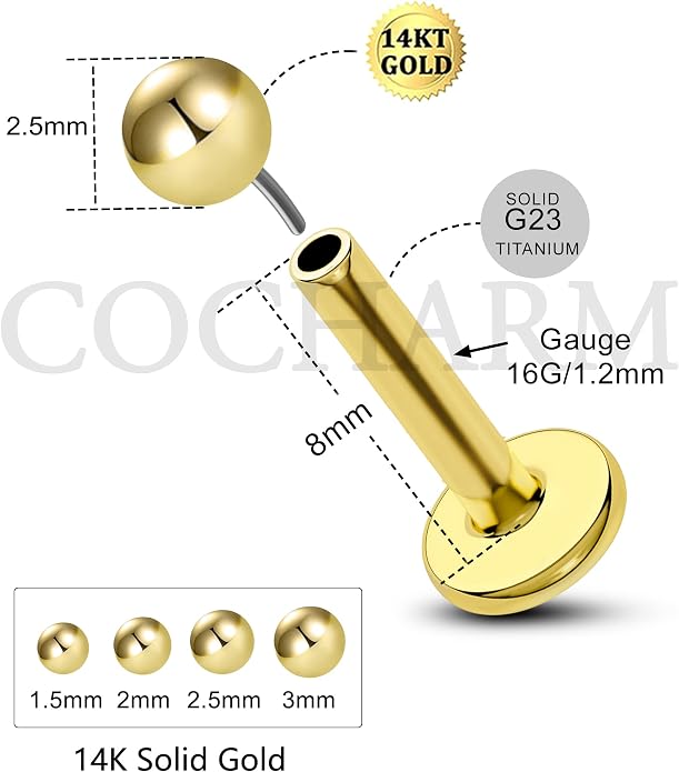 COCHARM 14K Solid Gold Helix Cartilage Tragus Earring Stud 16g Yellow Gold Threadless Tragus Cartilage Helix Conch Piercing Jewelry Flat Back Lip Labret Medusa Monroe Piercing Stud