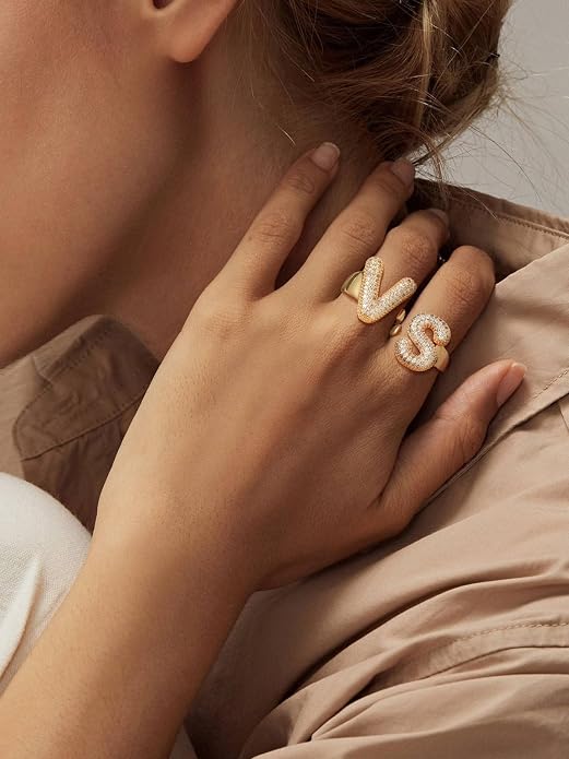 FindChic Initial Ring for Women, Gold Plated Chunky Letter Rings Open Adjustable Trendy Sparkling Cubic Zirconia Personalized Statement Rings Jewelry Gift