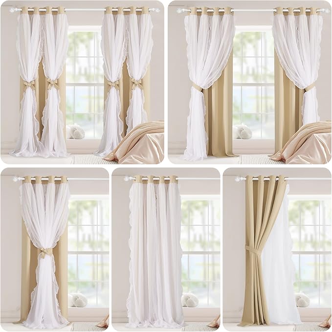 PONY DANCE Ruffle Curtains Double Layers Sheer Overlay Elegant Decoration for French Country Rustic Design Window Covering with Tiebacks, 52" Wide x 95" Long, Biscotti Beige, 2 Panels