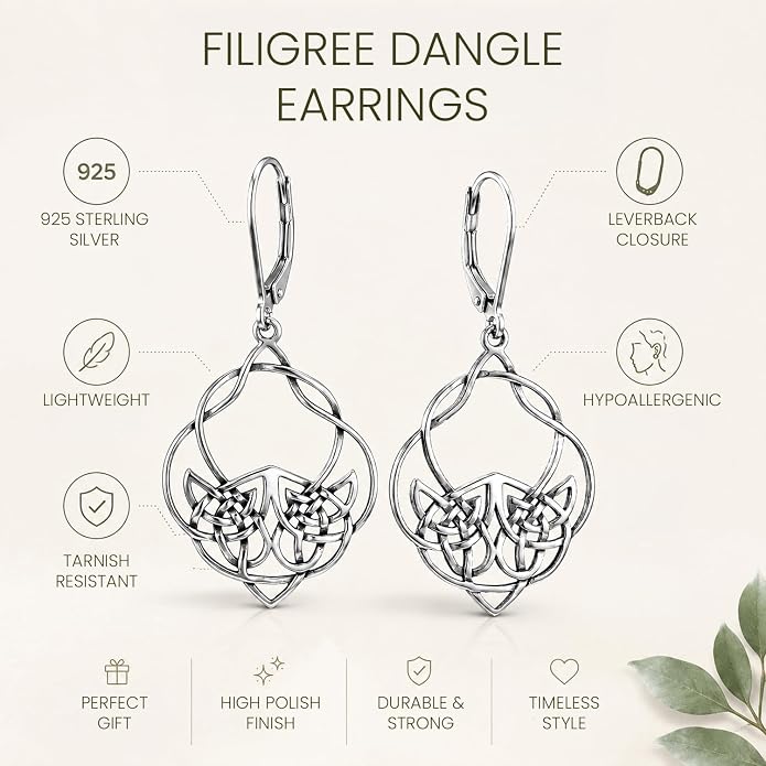 LeCalla 925 Sterling Silver Antique Earrings for Women | Filigree Leverback Dangle Earring | Drop Dangle Earrings for Women | Oxidized Silver Jewelry for Her Mom Wife