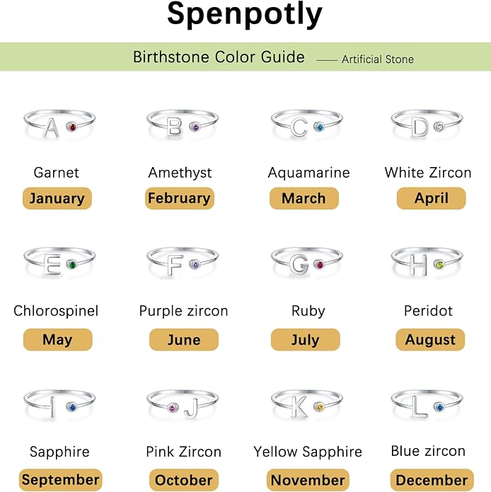 925 Sterling Silver Initial Letter Birthstone Rings for Women Adjustable 1-12 Month Birthstone Alphabet Stacking Ring for Teens Girls Stackable Birthstone Rings Birthday Jewelry Gift for Daughter Mom