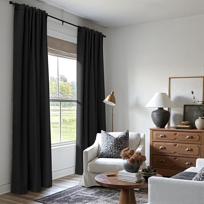 INOVADAY 100% Blackout Curtains 90 Inches Length 2 Panels Set, Back Tab/Rod Pocket Linen Black Out Curtains for Bedroom, Thermal Insulated Window Drapes - Black, W50 X L90