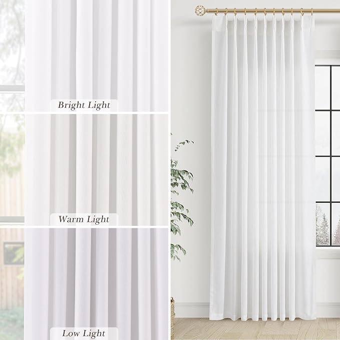 Aersas Soft White Pinch Pleat Linen Curtains 90 Inch Length 2 Panels Set for Bedroom Dining Room Semi Sheer Linen Boho Farmhouse Neutral Window Curtains 90 Inches Long for Living Room Nursery 50x90