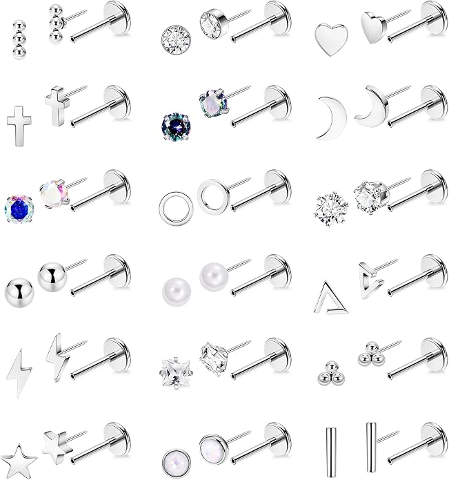 NICEIGHT 18Pairs 20G 316L Stainless Steel Threadless Push in Stud Earrings for Women Men Flat Back Cartilage Stud Earring Helix Tragus Stud CZ Heart Moon Star Ear Stud Piercing Jewelry