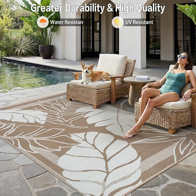 HUGEAR 8'x10' Outdoor Rug Waterproof Plastic Straw Rugs Large Brown Reversible Olive Leaf Mat Floor Carpet for Camping RV Deck Entryance Porch Picnic Balcony Beach Backyard