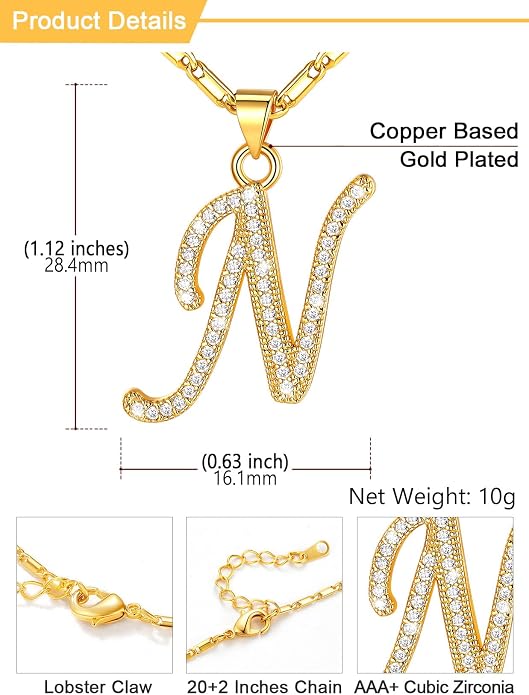 U7 Initial Necklace for Women, Gold/Platinum Plated CZ Crystal Letter A-Z Pendant Necklace, Shiny 20 Inch Name Chain Dainty Personalized Jewelry for Men Mom Wife Friend