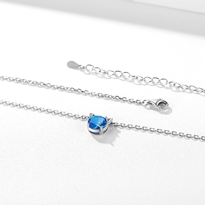 ChicSilver Bow and Cat Birthstone Necklace, 925 Sterling Silver Pendant Necklaces for Women, Hypoallergenic Silver Choker with 16 inch Rolo Chain, 12 Months Jewelry for Valentines Mothers Day Christmas