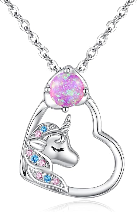 CDE Christmas Gift for women Cute Unicorn Birthstone Necklace for Girls Daughter 925 Sterling Silver Opal Heart Pendant Graduation Birthday Christmas Jewelry Gift for Teenage Girls Niece