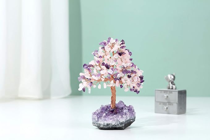 Jovivi Natural Amethyst + Clear Quartz + Rose Quartz Healing Crystal Money Tree on Amethyst Cluster Geode Druzy Base Feng Shui Crystals for Home Office Desk Decorations, Wealth, Good Luck
